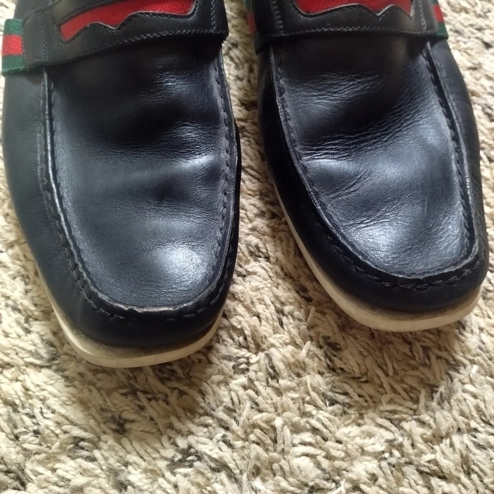 GUCCI  FLAG Black Leather Boat Deck Loafers sz 9